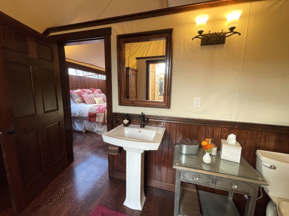 En-suite bathroom under canvas in the Star Camp master tent