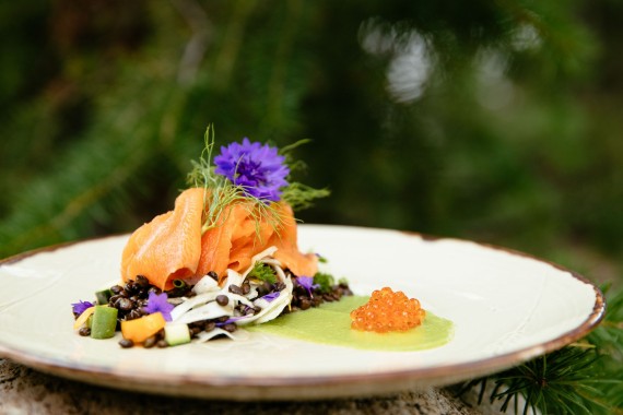 A classic trout dinner, caught sustainably in the wild and smoked in-house at the ranch.