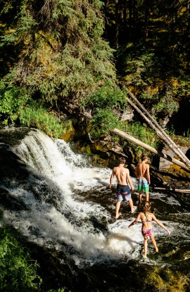 Exploring the waterfalls at Siwash Lake Wilderness Resort