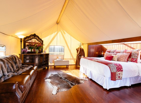 Luxury tent interior at Siwash Lake