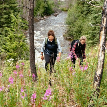 Hiking in the post-wildfire wilderness at Siwash Lake luxury wilderness resort